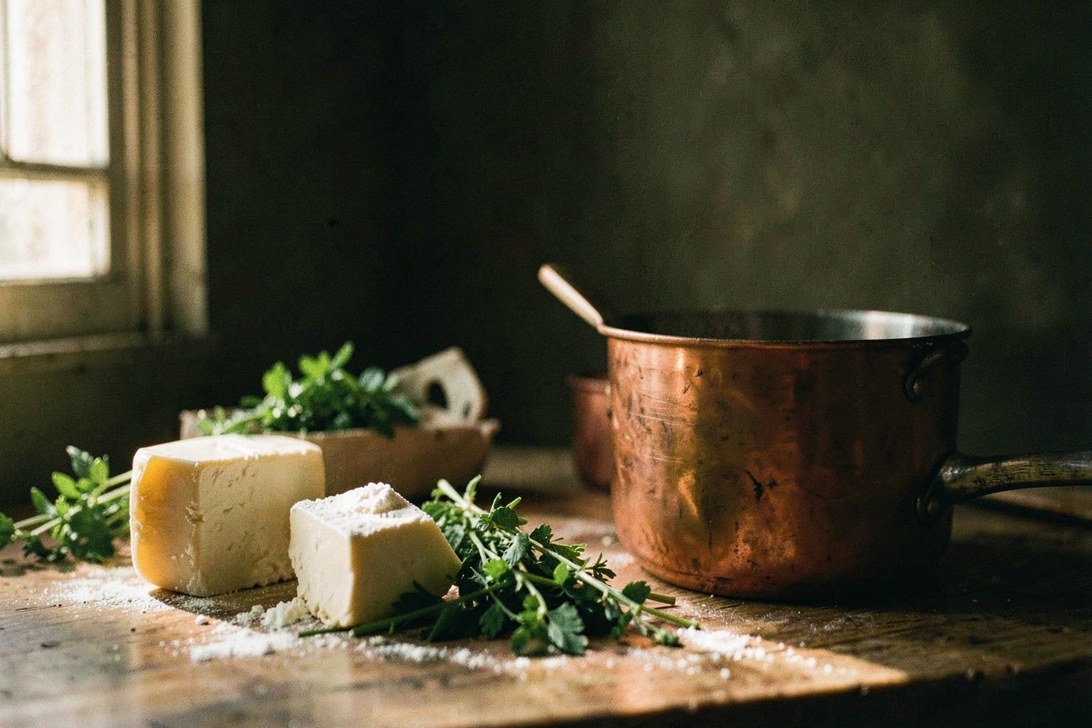 Butter, herbs and a copper saucepan on a rustic kitchen counter in warm window light